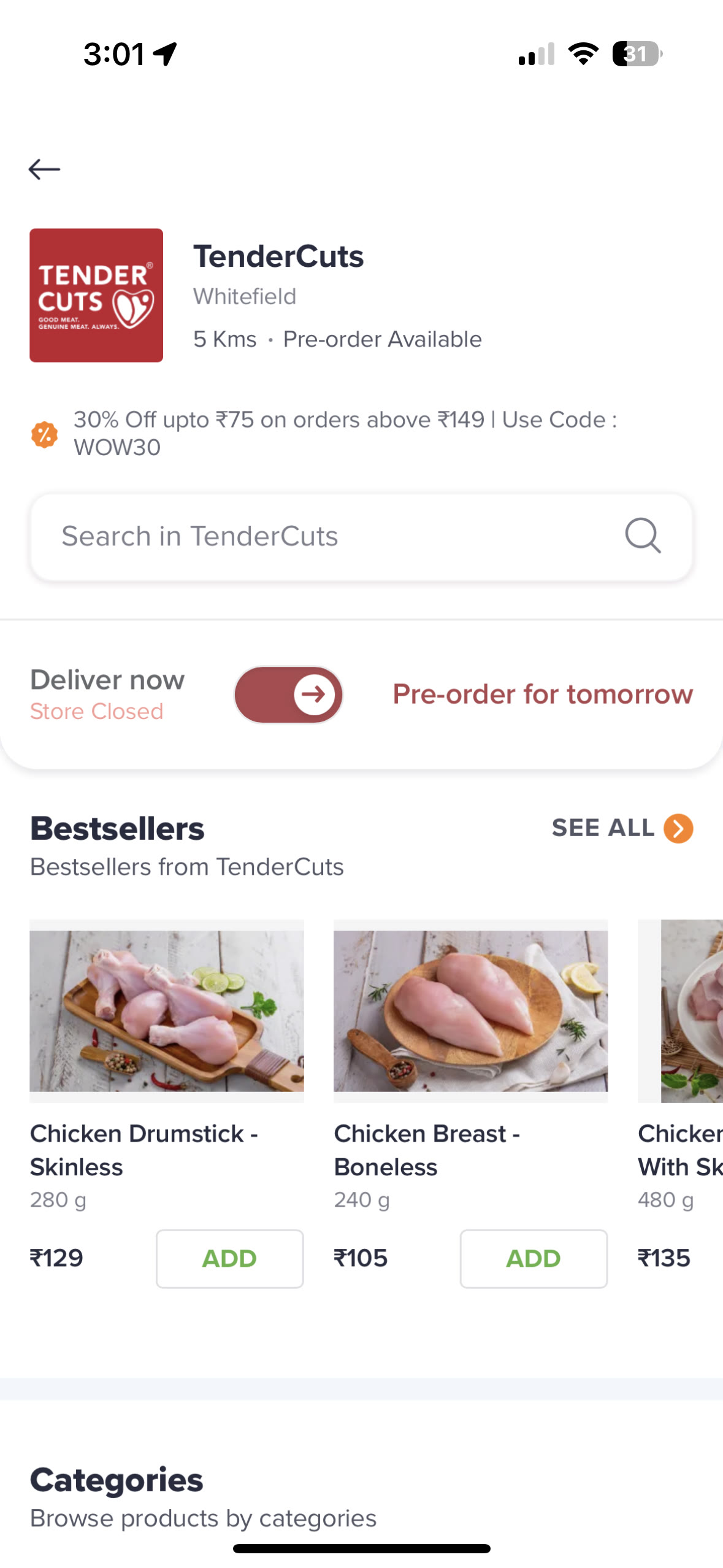 Swiggy Meat Stores merchant page showing delivery and pre-order states.