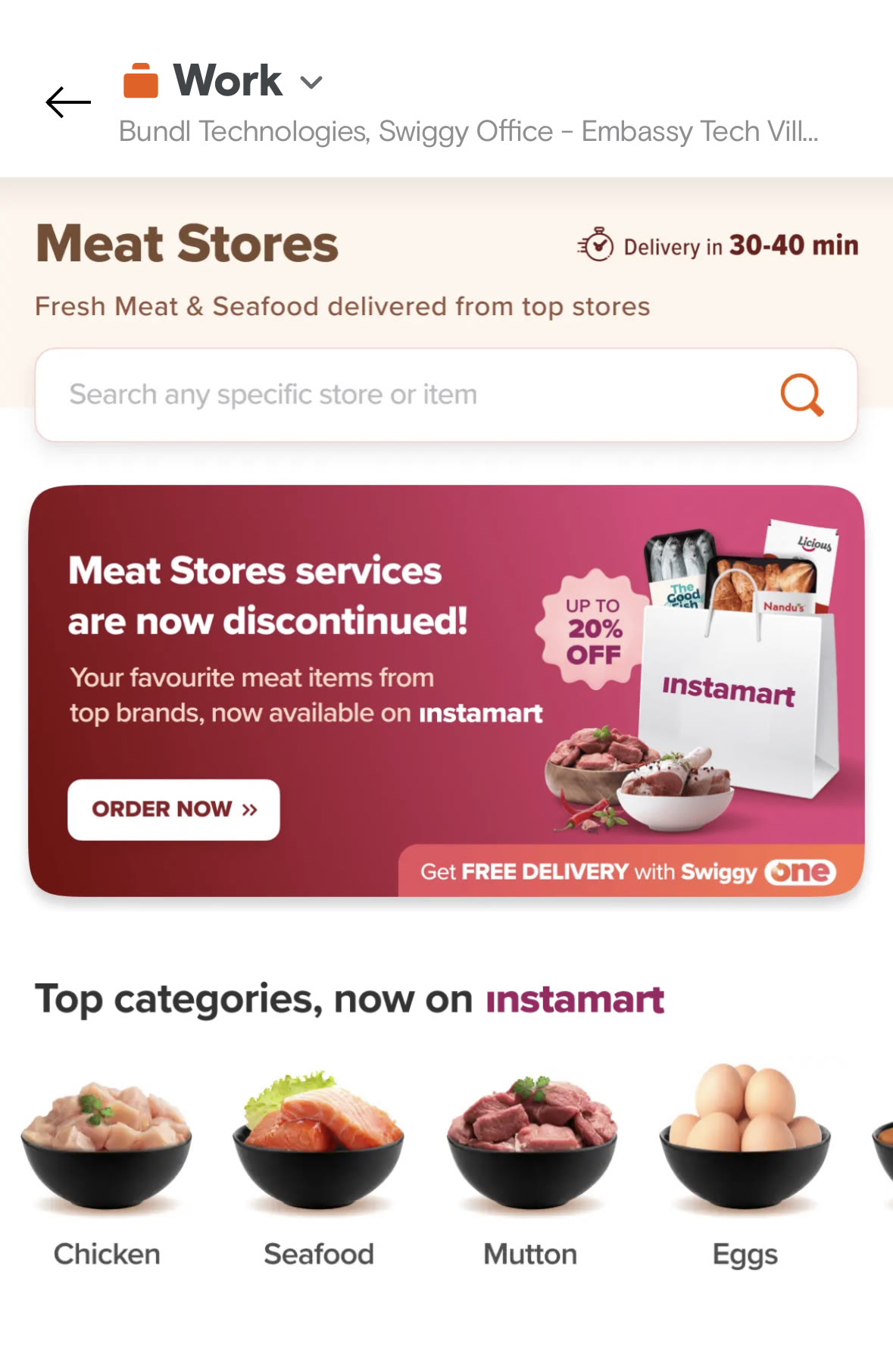 Swiggy Meat Stores discontinuation message directing customers to Instamart.