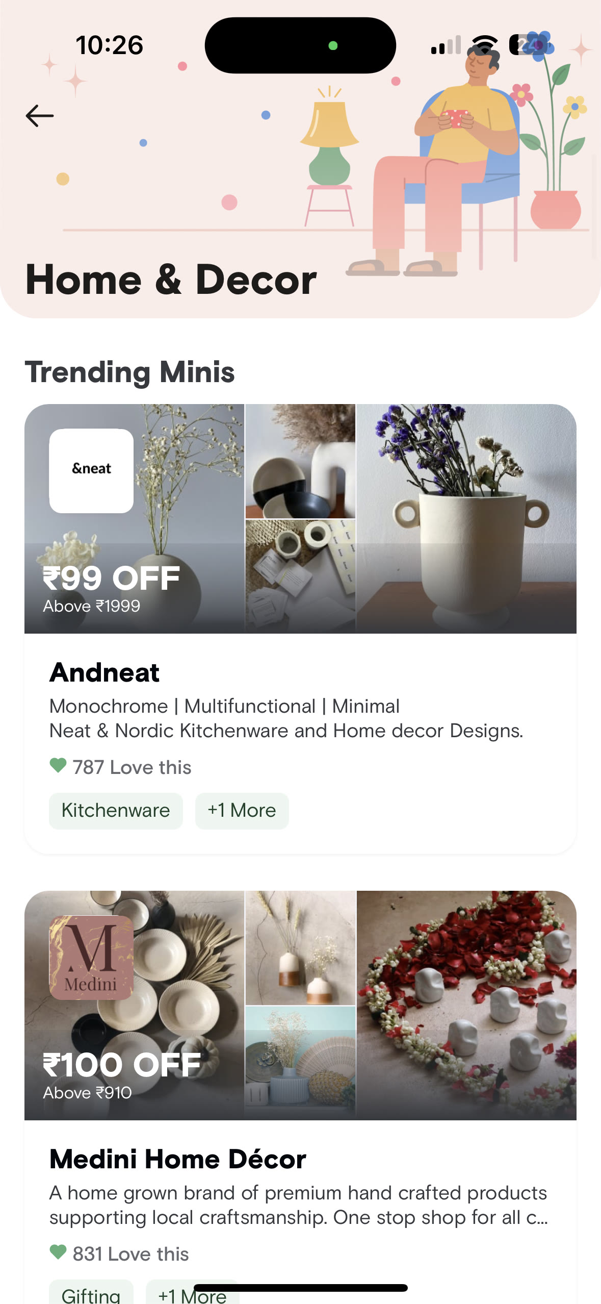 Swiggy Minis home and decor category featuring visual seller cards.