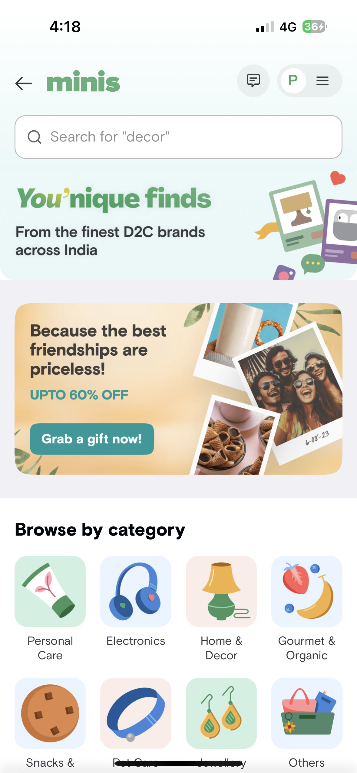 Swiggy Minis consumer discovery screen with search, categories, and a campaign banner.