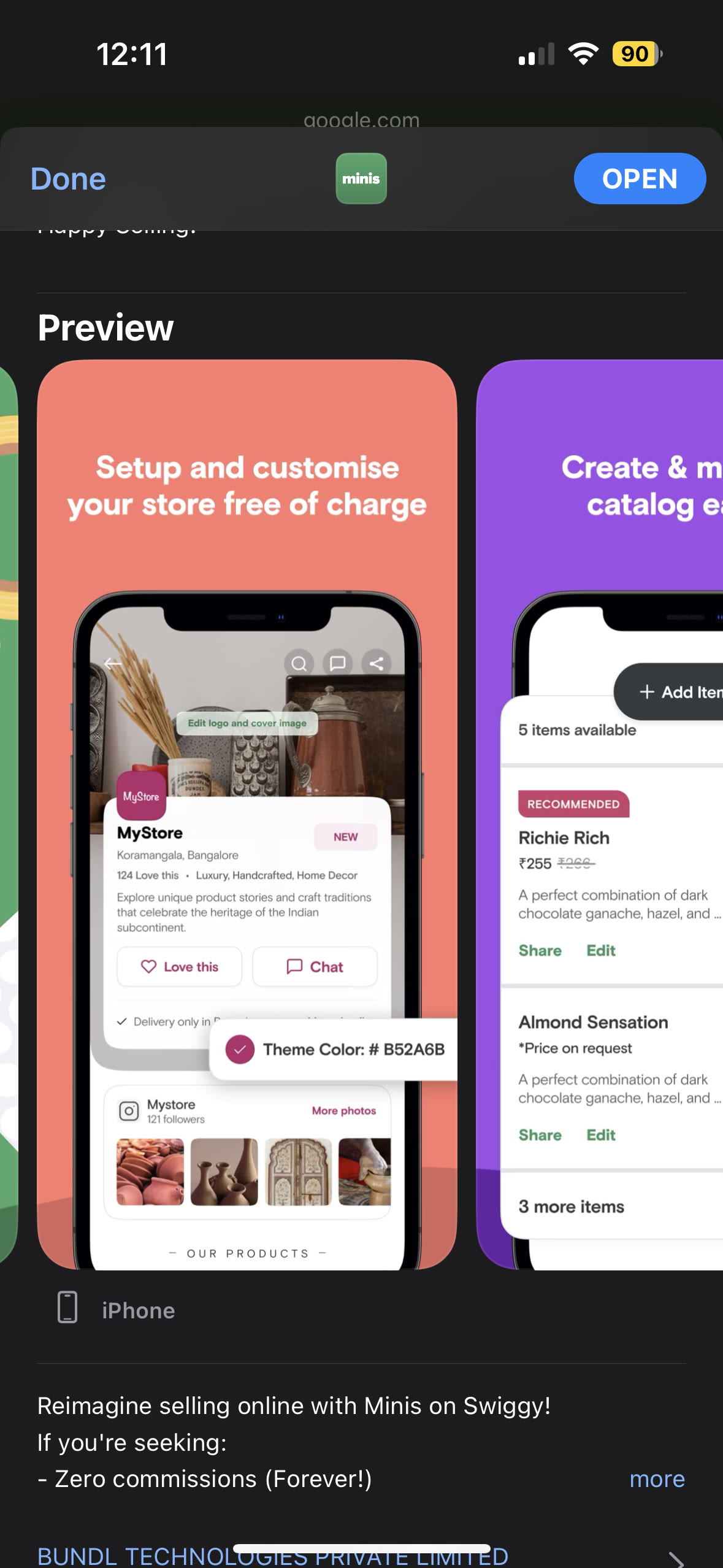 Swiggy Minis App Store preview showing store customisation and catalogue creation.