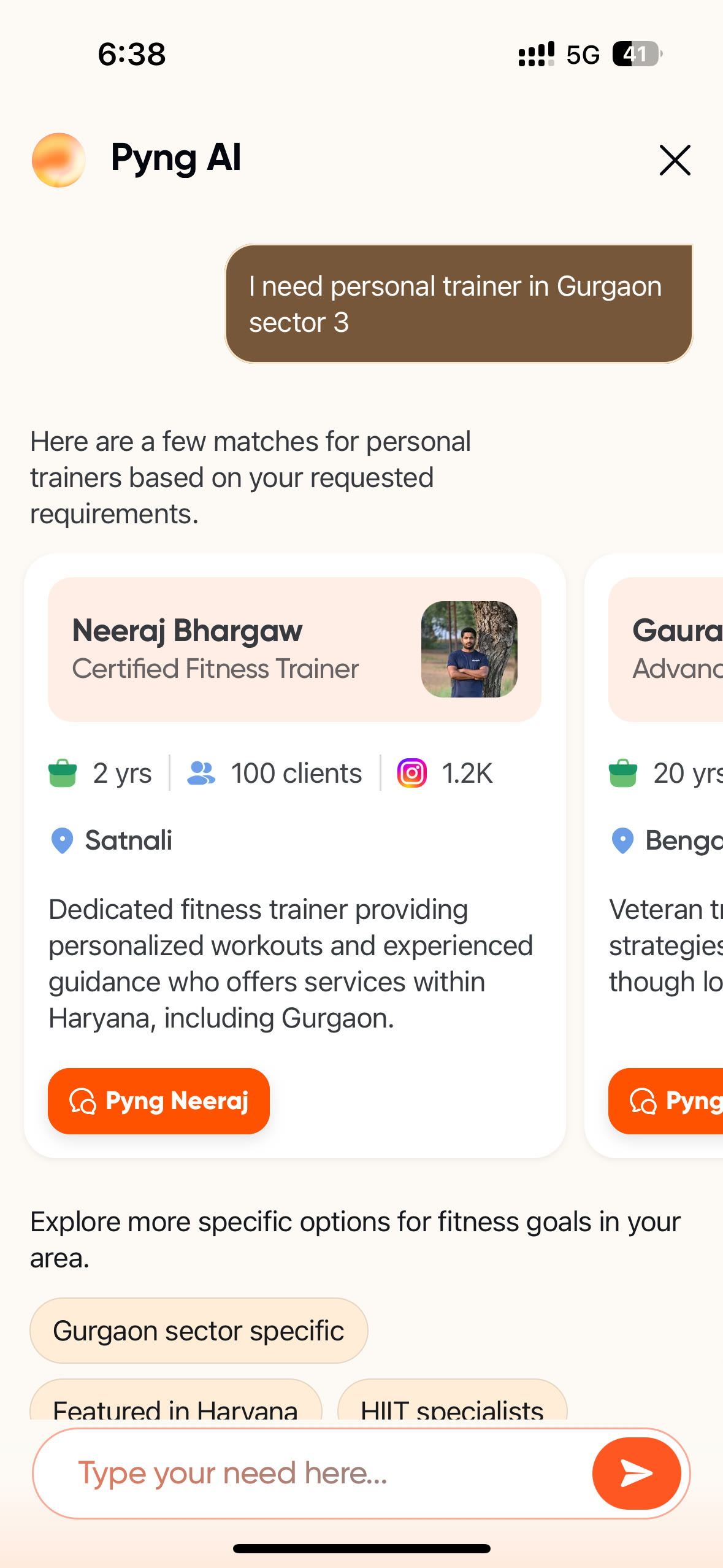 Pyng AI matching screen showing a natural-language request and recommended professionals.