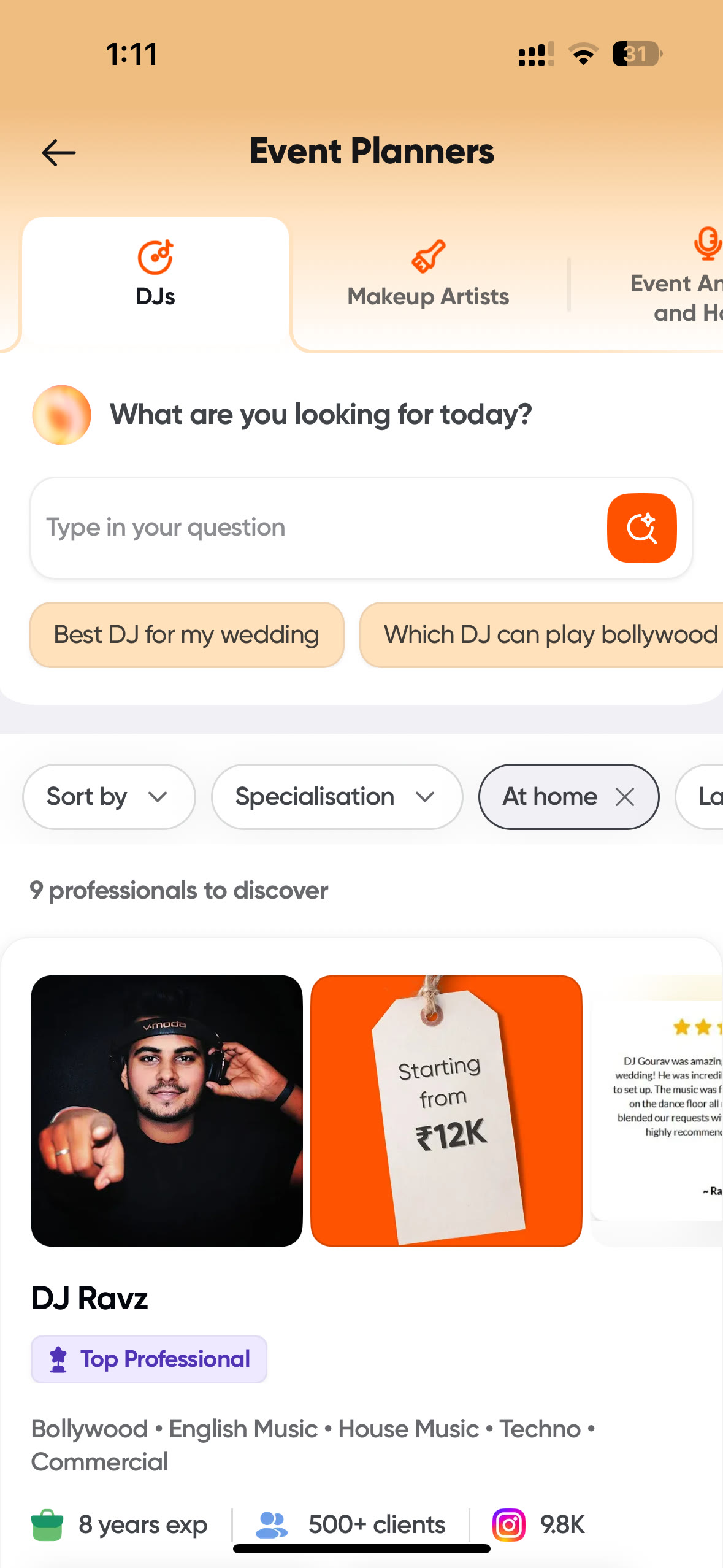 Pyng category results showing filters, an AI question box, and a professional card.
