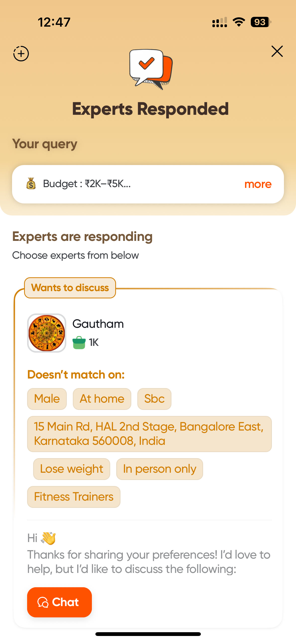 Pyng customer response screen showing experts who accepted the brief and experts who want to discuss a mismatch.