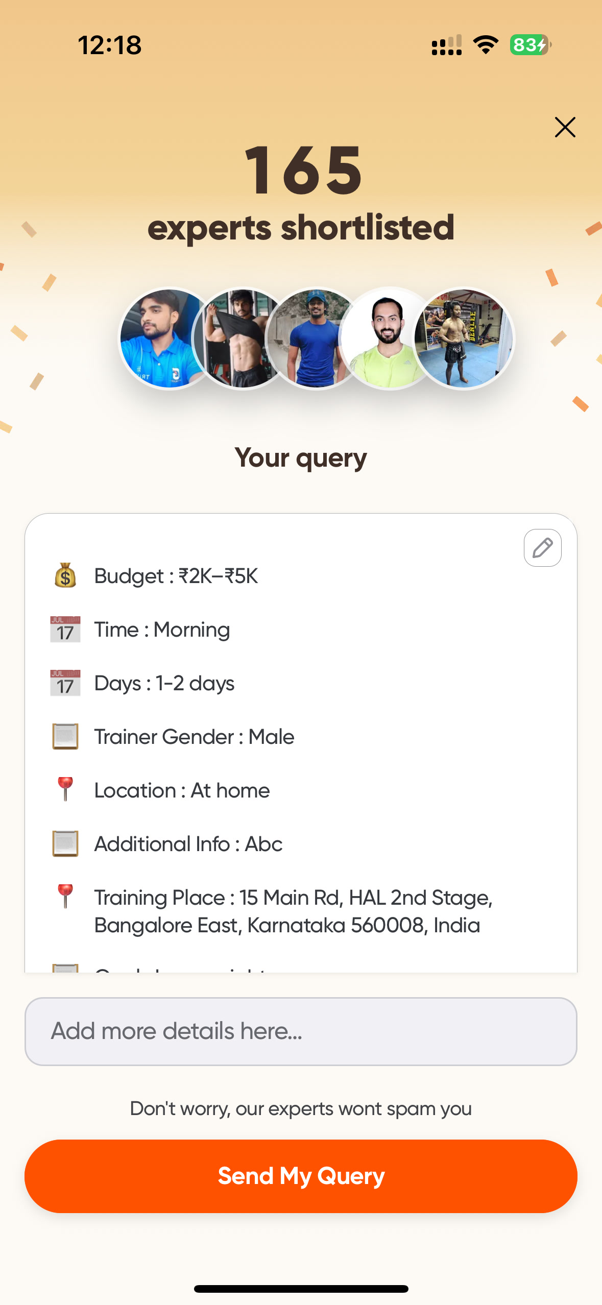 Pyng customer review screen summarising the fitness goal, schedule, time, level, and budget before submission.