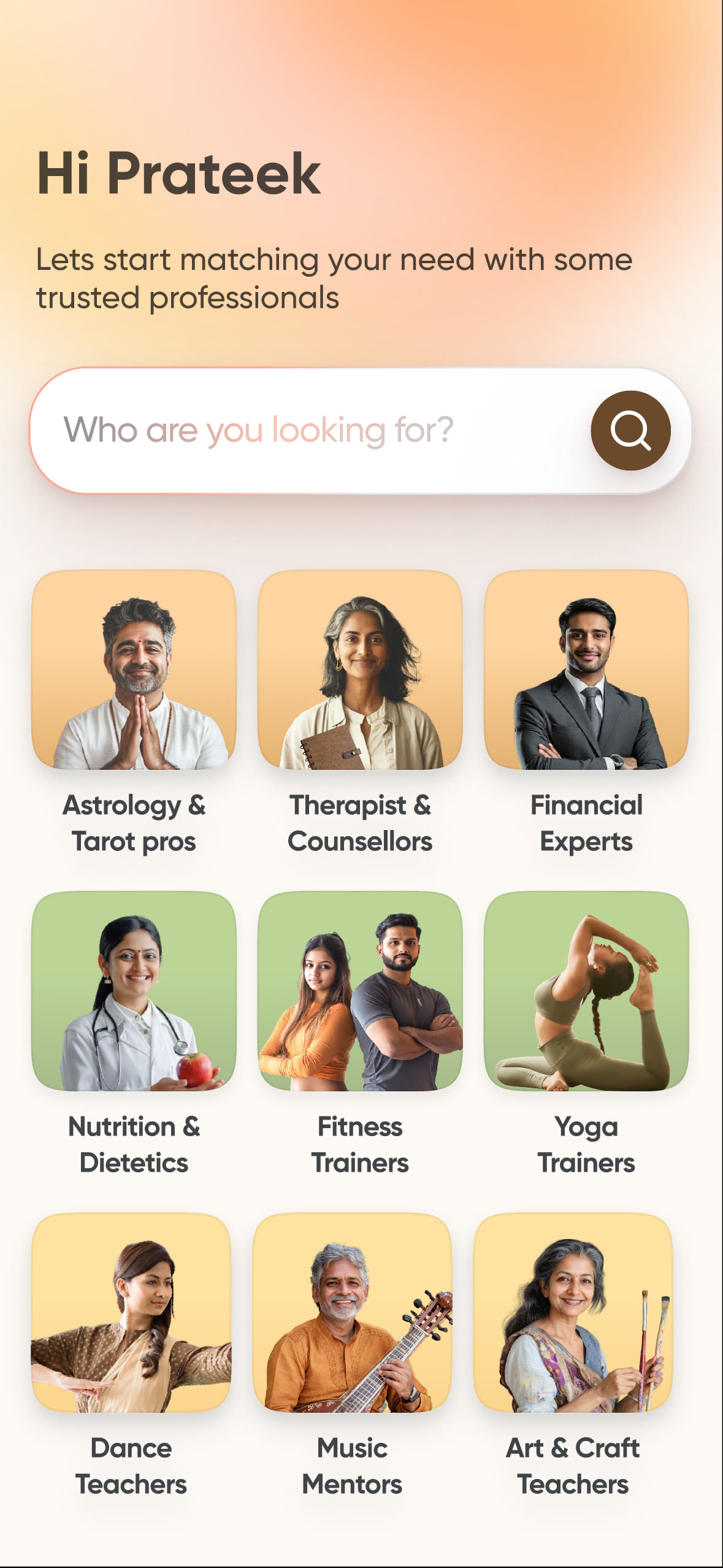 Pyng discovery screen with a natural-language search field and professional categories.