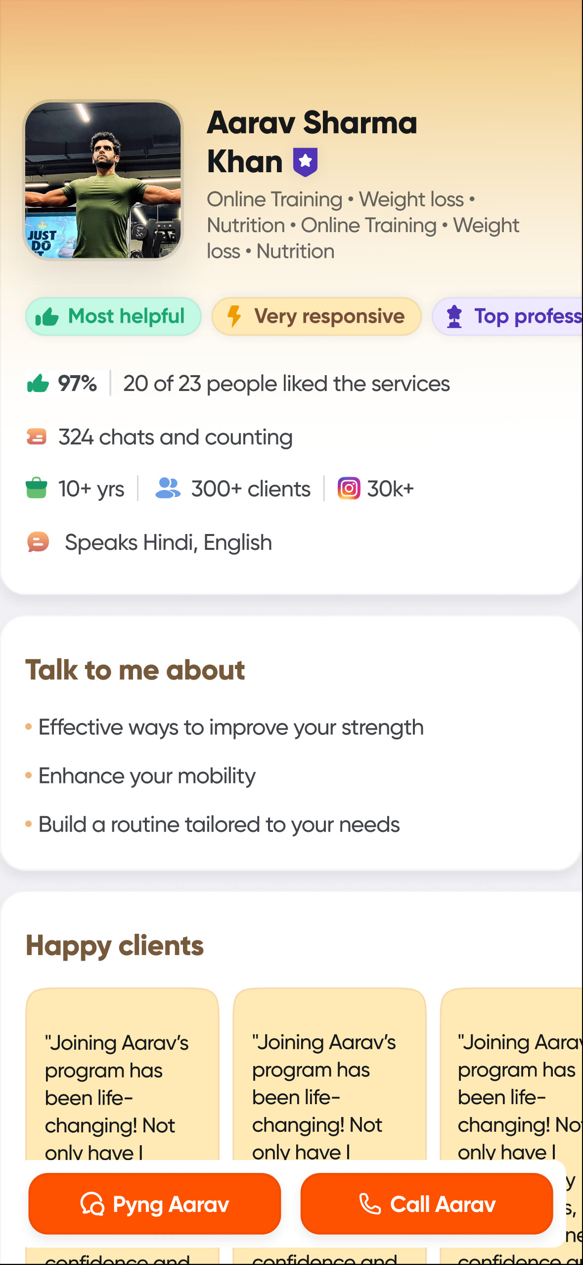Pyng professional profile showing specialisations, trust markers, experience, languages, testimonials, chat, and call actions.