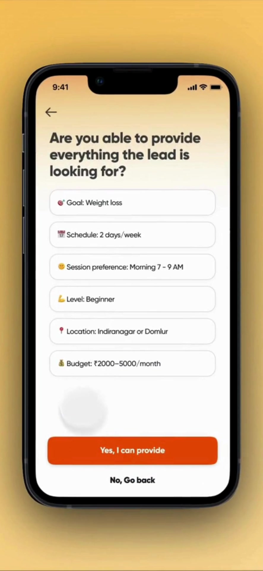 Pyng seller fit-check listing the customer’s goal, schedule, time, experience level, location, and budget.